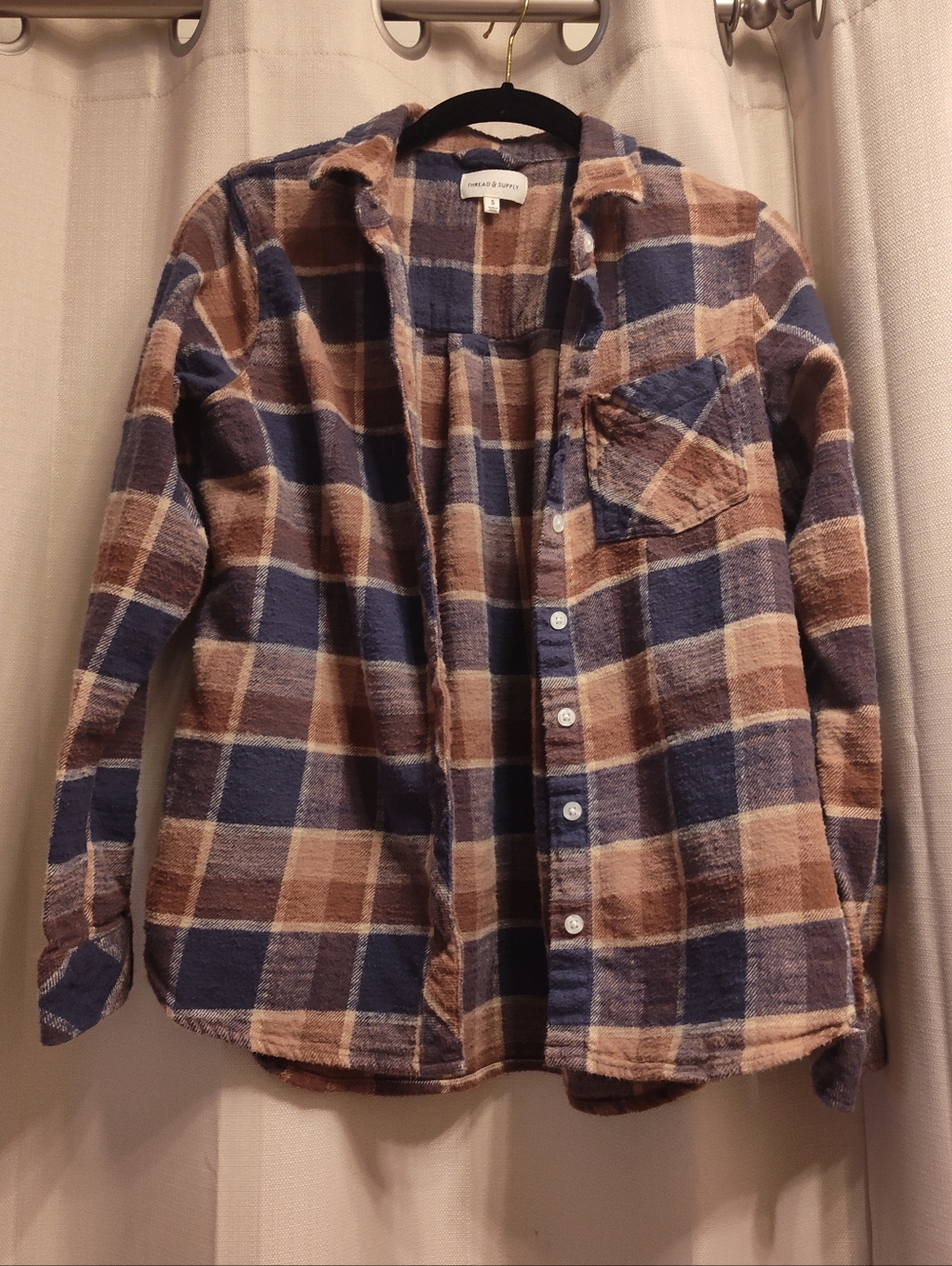 Thread & Supply Womens Plaid Button-Down Shirt in Blue and Brown